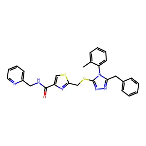 2-({[5-Benzyl-4-(2-methylphenyl)-4H-1,2,4-triazol-3-yl]sulfanyl}methyl)-N-[(pyridin-2-yl)methyl]-1,3-thiazole-4-carboxamide structure