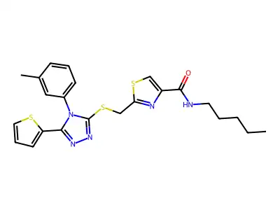 2-[[4-(3-methylphenyl)-5-thiophen-2-yl-1,2,4-triazol-3-yl]sulfanylmethyl]-N-pentyl-1,3-thiazole-4-carboxamide structure