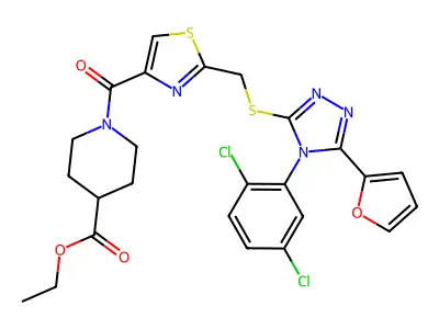 ethyl 1-[2-[[4-(2,5-dichlorophenyl)-5-(furan-2-yl)-1,2,4-triazol-3-yl]sulfanylmethyl]-1,3-thiazole-4-carbonyl]piperidine-4-carboxylate structure
