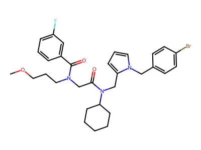 N-{2-[({1-[(4-Bromophenyl)methyl]-1H-pyrrol-2-yl}methyl)(cyclohexyl)amino]-2-oxoethyl}-3-fluoro-N-(3-methoxypropyl)benzamide structure