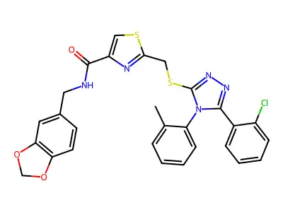 N-(1,3-benzodioxol-5-ylmethyl)-2-[[5-(2-chlorophenyl)-4-(2-methylphenyl)-1,2,4-triazol-3-yl]sulfanylmethyl]-1,3-thiazole-4-carboxamide structure