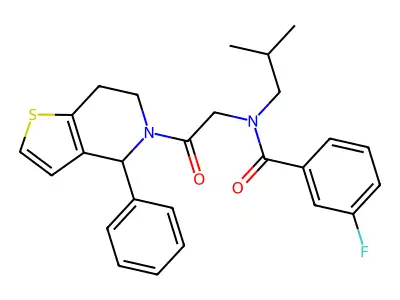 3-fluoro-N-(2-methylpropyl)-N-[2-oxo-2-(4-phenyl-6,7-dihydro-4H-thieno[3,2-c]pyridin-5-yl)ethyl]benzamide structure