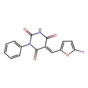 (5Z)-5-[(5-iodofuran-2-yl)methylidene]-1-phenylpyrimidine-2,4,6(1H,3H,5H)-trione structure