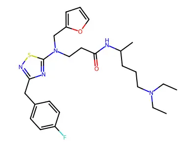 N-[5-(diethylamino)pentan-2-yl]-3-[[3-[(4-fluorophenyl)methyl]-1,2,4-thiadiazol-5-yl]-(furan-2-ylmethyl)amino]propanamide structure
