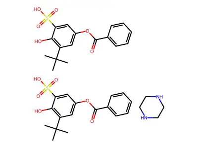 5-(Benzoyloxy)-3-tert-butyl-2-hydroxybenzenesulfonic acid piperazine salt structure