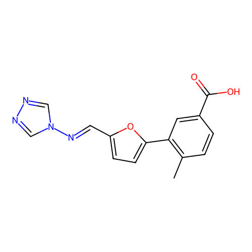 4-methyl-3-[5-[(E)-1,2,4-triazol-4-yliminomethyl]furan-2-yl]benzoic acid structure