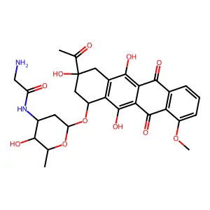5,12-naphthacenedione, 8-acetyl-10-((3-(9-(aminoacetyl)amino)-2,3,6-trideoxy-alpha-L-lyxo-hexopyranosyl)oxy)-7,8,9,10-tetrahydro-6,8,11-trihydroxy-1-methoxy-, monohydrochloride, (8S-cis)- structure