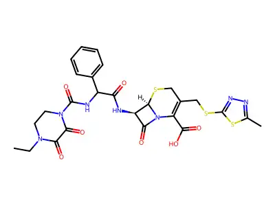 5-Thia-1-azabicyclo(4.2.0)oct-2-ene-2-carboxylic acid, 7-(((((4-ethyl-2,3-dioxo-1-piperazinyl)carbonyl)amino)phenylacetyl)amino)-3-(((5-methyl-1,3,4-thiadiazol-2-yl)thio)methyl)-8-oxo-, (6R-(6-alpha,7-beta(R*)))- structure