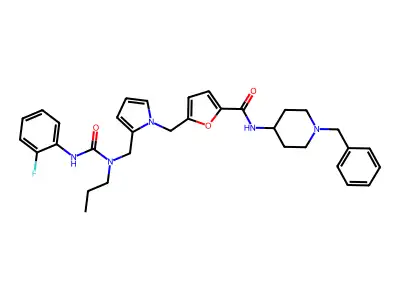 N-(1-Benzylpiperidin-4-yl)-5-{[2-({[(2-fluorophenyl)carbamoyl](propyl)amino}methyl)-1H-pyrrol-1-yl]methyl}furan-2-carboxamide structure