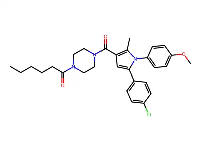 1-{4-[5-(4-Chlorophenyl)-1-(4-methoxyphenyl)-2-methyl-1H-pyrrole-3-carbonyl]piperazin-1-yl}hexan-1-one structure