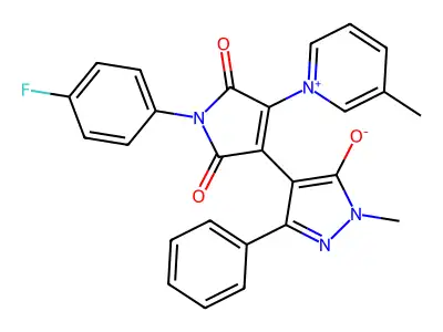 1-(4-fluorophenyl)-4-(1-methyl-5-oxo-3-phenylpyrazol-4-ylidene)-3-(3-methylpyridin-1-ium-1-yl)-5-oxopyrrol-2-olate structure