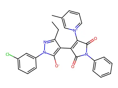 2-(3-Chlorophenyl)-5-ethyl-4-[4-(3-methylpyridin-1-ium-1-yl)-2,5-dioxo-1-phenylpyrrol-3-yl]pyrazol-3-olate structure