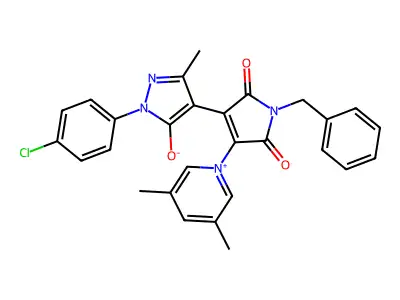 4-[1-Benzyl-4-(3,5-dimethylpyridin-1-ium-1-yl)-2,5-dioxopyrrol-3-yl]-2-(4-chlorophenyl)-5-methylpyrazol-3-olate structure