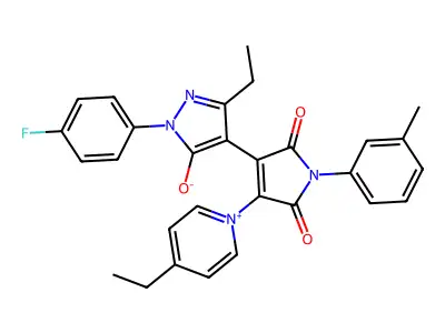 4-[3-ethyl-1-(4-fluorophenyl)-5-oxopyrazol-4-ylidene]-3-(4-ethylpyridin-1-ium-1-yl)-1-(3-methylphenyl)-5-oxopyrrol-2-olate structure