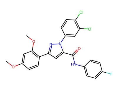 2-(3,4-dichlorophenyl)-5-(2,4-dimethoxyphenyl)-N-(4-fluorophenyl)pyrazole-3-carboxamide structure