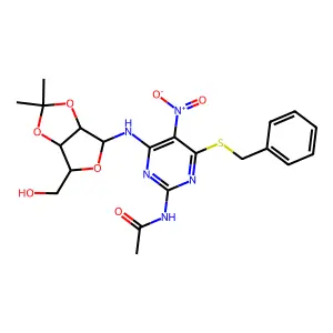 N-[4-benzylsulfanyl-6-[[6-(hydroxymethyl)-2,2-dimethyl-3a,4,6,6a-tetrahydrofuro[3,4-d][1,3]dioxol-4-yl]amino]-5-nitropyrimidin-2-yl]acetamide structure