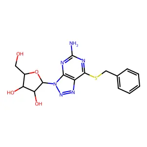 2-(5-amino-7-benzylsulfanyltriazolo[4,5-d]pyrimidin-3-yl)-5-(hydroxymethyl)oxolane-3,4-diol structure