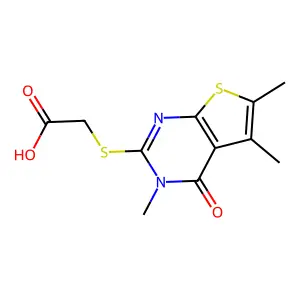(3,5,6-Trimethyl-4-oxo-3,4-dihydro-thieno[2,3-d] pyrimidin-2-ylsulfanyl)-acetic acid structure