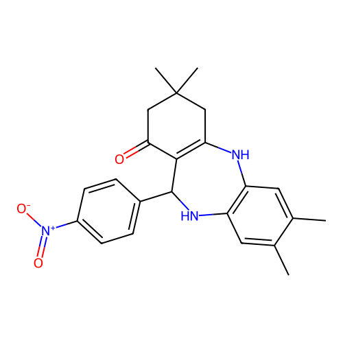 3,3,7,8-tetramethyl-11-(4-nitrophenyl)-2,3,4,5,10,11-hexahydro-1H-dibenzo[b,e][1,4]diazepin-1-one structure