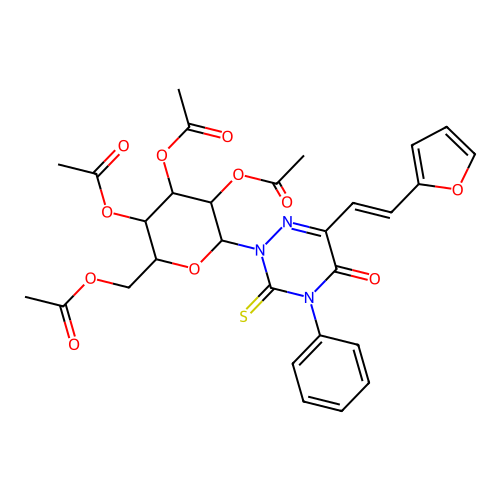 [3,4,5-triacetyloxy-6-[6-[(E)-2-(furan-2-yl)ethenyl]-5-oxo-4-phenyl-3-sulfanylidene-1,2,4-triazin-2-yl]oxan-2-yl]methyl acetate structure