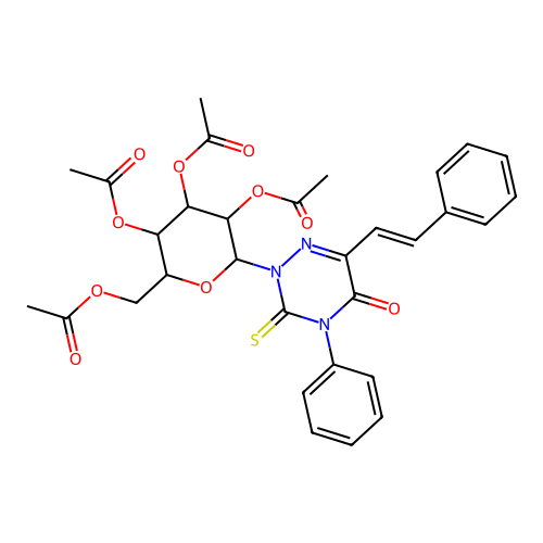 [3,4,5-triacetyloxy-6-[5-oxo-4-phenyl-6-[(E)-2-phenylethenyl]-3-sulfanylidene-1,2,4-triazin-2-yl]oxan-2-yl]methyl acetate structure