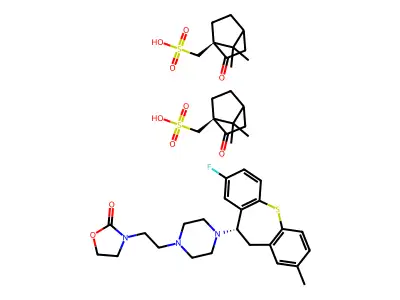 2-Oxazolidinone, 3-(2-(4-(8-fluoro-2-methyl-10,11-dihydrodibenzo(b,f)thiepin-10-yl)-1-piperazinyl)ethyl)-, (S)-, bis((1S)-7,7-dimethyl-2-oxobicyclo(2.2.1)heptane-1-methanesulfonate) structure