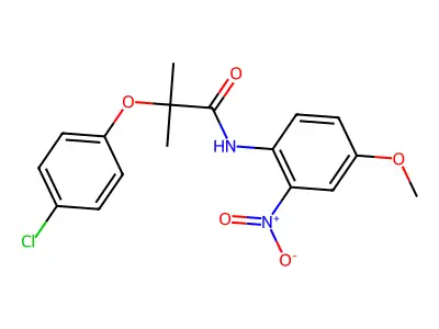 2-(4-chlorophenoxy)-N-(4-methoxy-2-nitrophenyl)-2-methylpropanamide structure