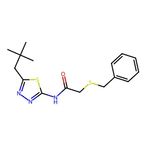 2-benzylsulfanyl-N-[5-(2,2-dimethylpropyl)-1,3,4-thiadiazol-2-yl]acetamide structure