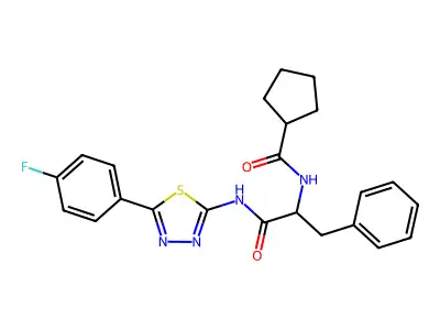 N-[1-[[5-(4-fluorophenyl)-1,3,4-thiadiazol-2-yl]amino]-1-oxo-3-phenylpropan-2-yl]cyclopentanecarboxamide structure