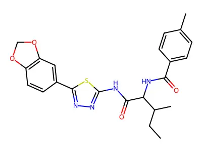 N-[1-[(5-benzo[1,3]dioxol-5-yl-1,3,4-thiadiazol-2-yl)carbamoyl]-2-methyl-butyl]-4-methyl-benzamide structure