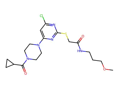2-[4-chloro-6-[4-(cyclopropanecarbonyl)piperazin-1-yl]pyrimidin-2-yl]sulfanyl-N-(3-methoxypropyl)acetamide structure