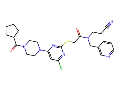 2-[4-chloro-6-[4-(cyclopentanecarbonyl)piperazin-1-yl]pyrimidin-2-yl]sulfanyl-N-(2-cyanoethyl)-N-(pyridin-3-ylmethyl)acetamide structure
