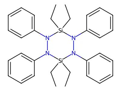 3,3,6,6-Tetraethyl-1,2,4,5-tetraphenyl-1,2,4,5-tetraaza-3,6-disilacyclohexane structure