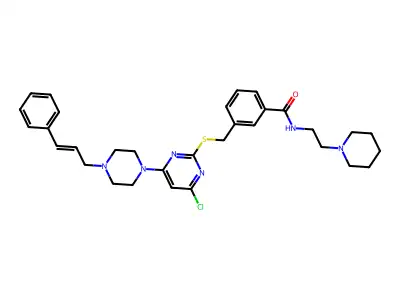 3-[({4-Chloro-6-[4-(3-phenylprop-2-en-1-yl)piperazin-1-yl]pyrimidin-2-yl}sulfanyl)methyl]-N-[2-(piperidin-1-yl)ethyl]benzamide structure