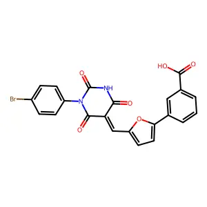 3-[5-[(Z)-[1-(4-bromophenyl)-2,4,6-trioxo-1,3-diazinan-5-ylidene]methyl]furan-2-yl]benzoic acid structure