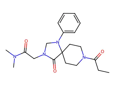 N,N-dimethyl-2-(4-oxo-1-phenyl-8-propanoyl-1,3,8-triazaspiro[4.5]decan-3-yl)acetamide structure