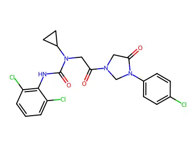 1-[2-[3-(4-chlorophenyl)-4-oxoimidazolidin-1-yl]-2-oxoethyl]-1-cyclopropyl-3-(2,6-dichlorophenyl)urea structure