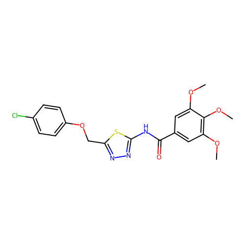 N-{5-[(4-chlorophenoxy)methyl]-1,3,4-thiadiazol-2-yl}-3,4,5-trimethoxybenzamide structure
