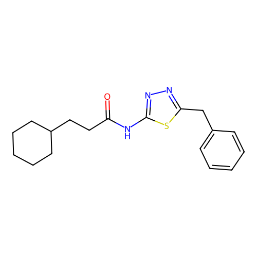N-(5-benzyl-1,3,4-thiadiazol-2-yl)-3-cyclohexylpropanamide structure
