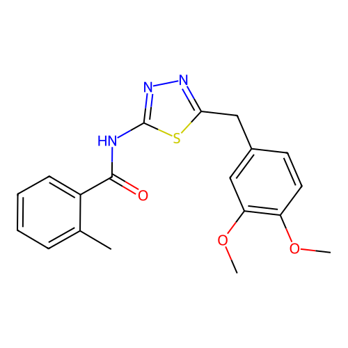 N-(5-(3,4-dimethoxybenzyl)-1,3,4-thiadiazol-2-yl)-2-methylbenzamide structure