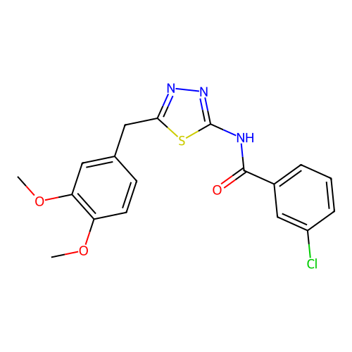 3-chloro-N-[5-(3,4-dimethoxybenzyl)-1,3,4-thiadiazol-2-yl]benzamide structure