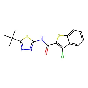 N-(5-tert-butyl-1,3,4-thiadiazol-2-yl)-3-chloro-1-benzothiophene-2-carboxamide structure