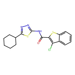 3-chloro-N-(5-cyclohexyl-1,3,4-thiadiazol-2-yl)-1-benzothiophene-2-carboxamide structure