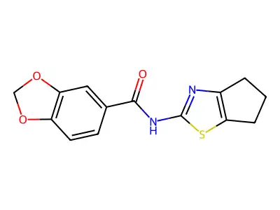 N-(5,6-dihydro-4H-cyclopenta[d]thiazol-2-yl)benzo[d][1,3]dioxole-5-carboxamide structure