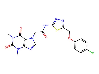 N-[5-[(4-chlorophenoxy)methyl]-1,3,4-thiadiazol-2-yl]-2-(1,3-dimethyl-2,6-dioxopurin-7-yl)acetamide structure