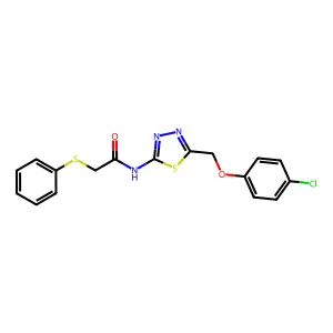 N-[5-[(4-chlorophenoxy)methyl]-1,3,4-thiadiazol-2-yl]-2-phenylsulfanylacetamide structure