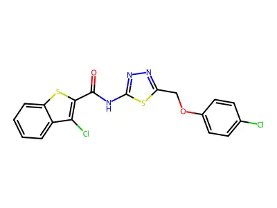 3-chloro-N-{5-[(4-chlorophenoxy)methyl]-1,3,4-thiadiazol-2-yl}-1-benzothiophene-2-carboxamide structure