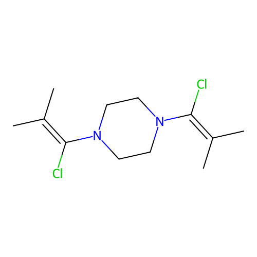 1,4-Bis(1-chloro-2-methylprop-1-en-1-yl)piperazine structure