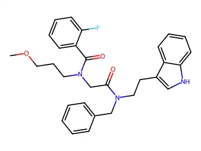 N-[2-[benzyl-[2-(1H-indol-3-yl)ethyl]amino]-2-oxoethyl]-2-fluoro-N-(3-methoxypropyl)benzamide structure