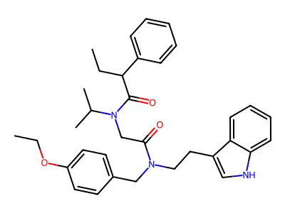 N-[2-[(4-ethoxyphenyl)methyl-[2-(1H-indol-3-yl)ethyl]amino]-2-oxoethyl]-2-phenyl-N-propan-2-ylbutanamide structure